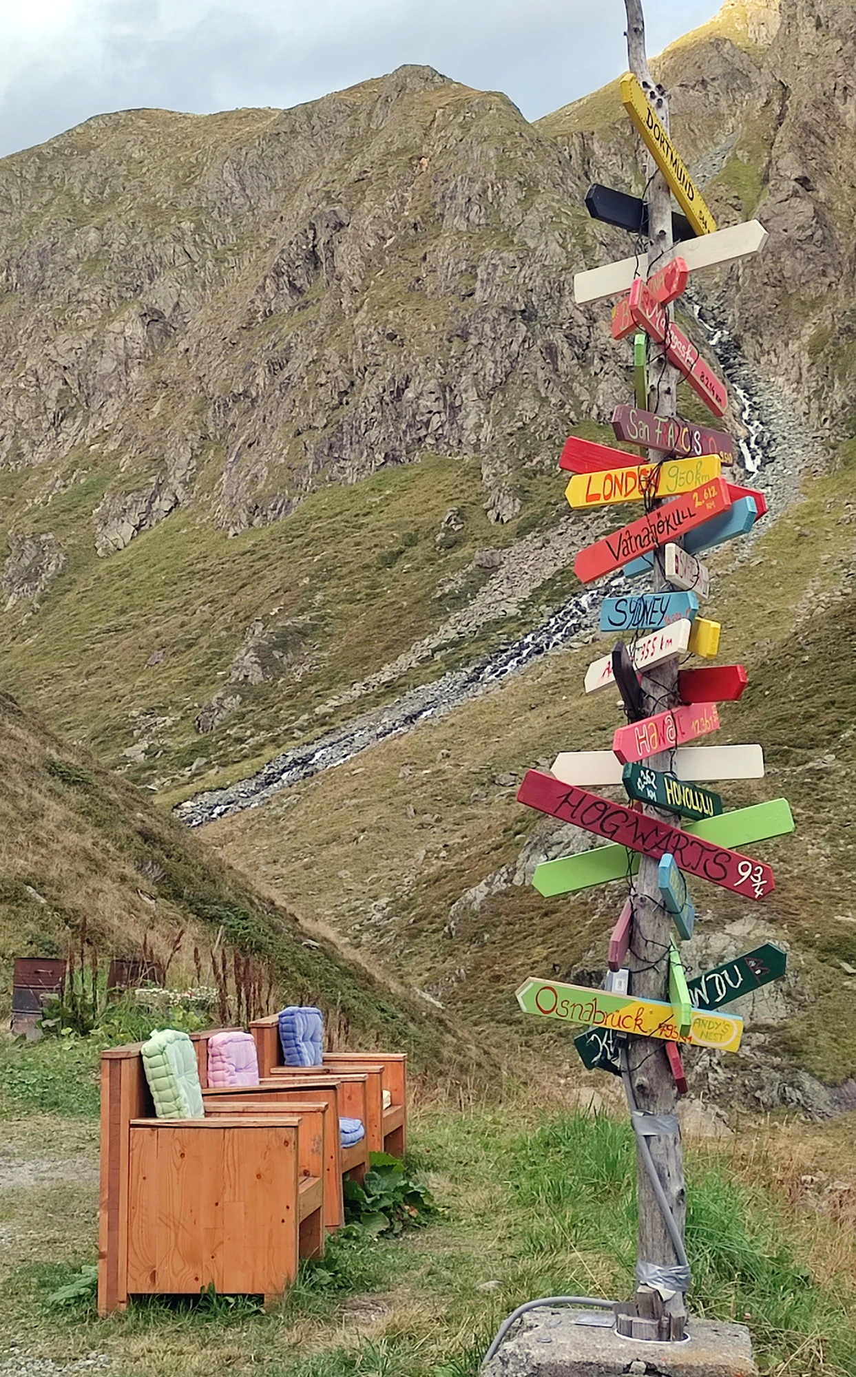 Viele Wegweisschilder in verschiedene Richtungen an hohem Mast angebracht, daneben drei Sessel in einer Reihe, dahinter Berglandschaft